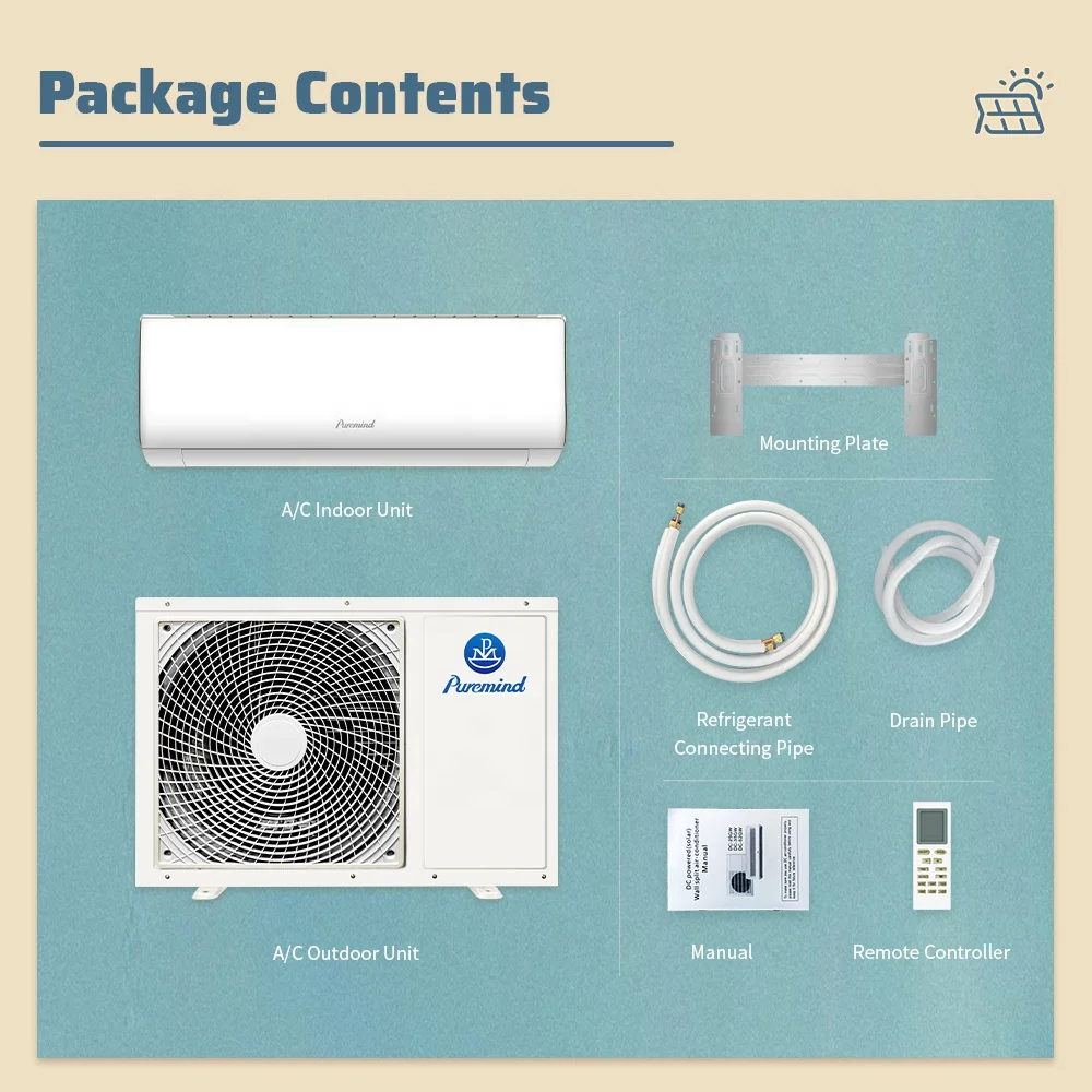 Puremind AC DC Hybrid Solar Powered Air Conditioner 2hp off Grid for Home Heating Cooling 18000Btu 24000Btu Household