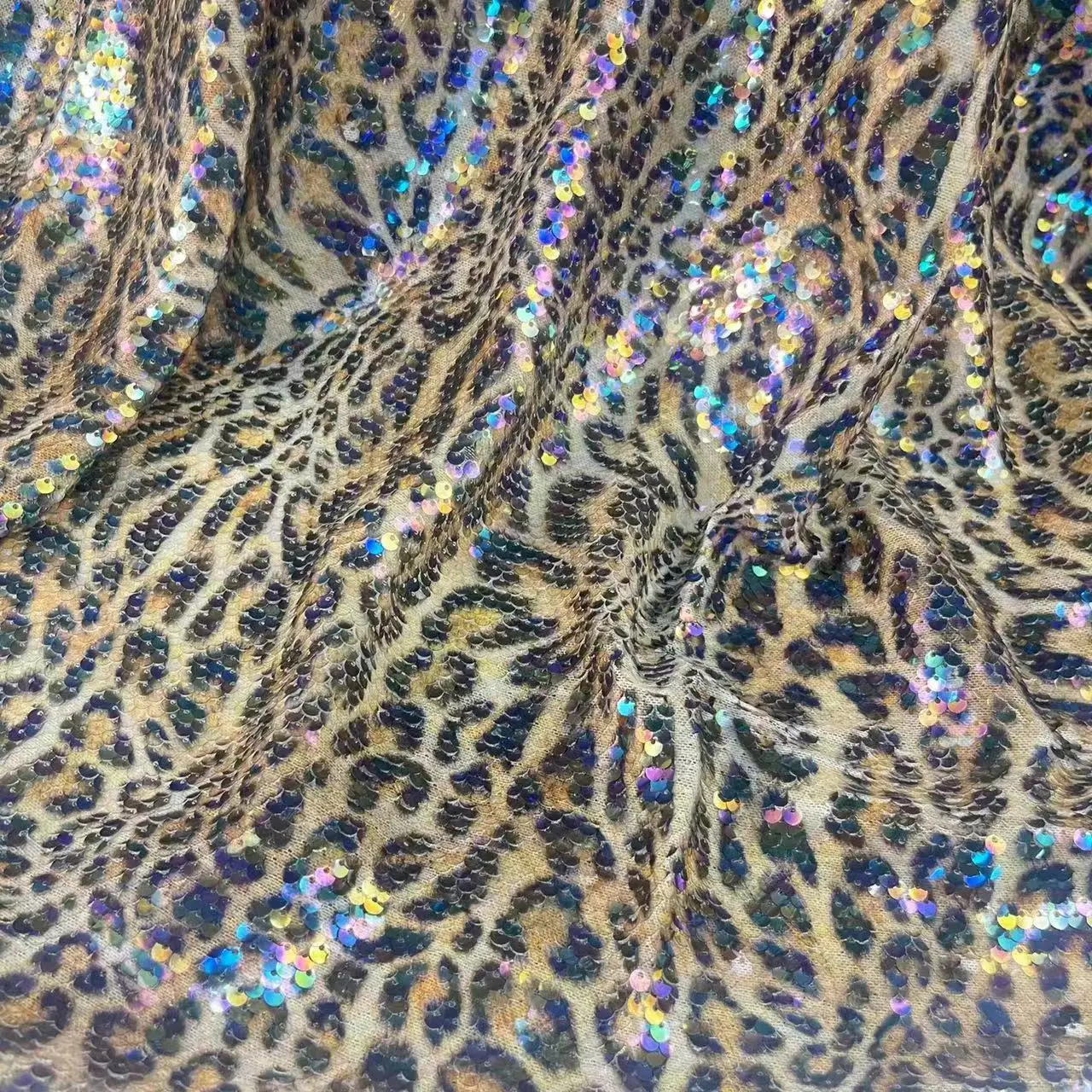 LIHUAN Leopard Tiger Digital Printing Sequin Embroidery Fabric Polyester Lace Net Recycled Stretch Mesh Sequin Fabric For Dress