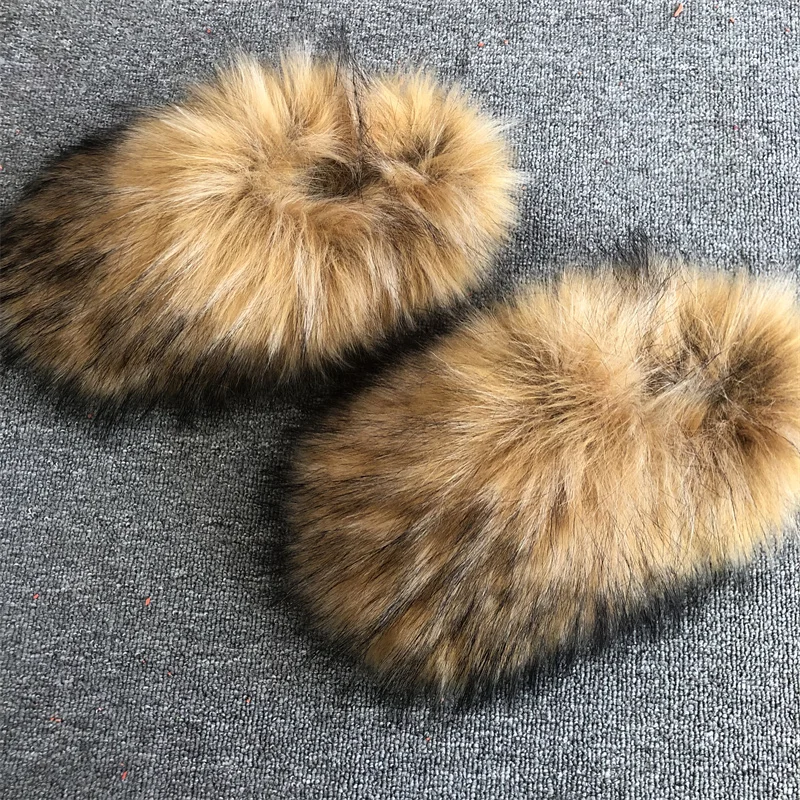 New Design Fashion Soft Fluffy Faux Fur Slide Fox Raccoon Fur Slippers For Women