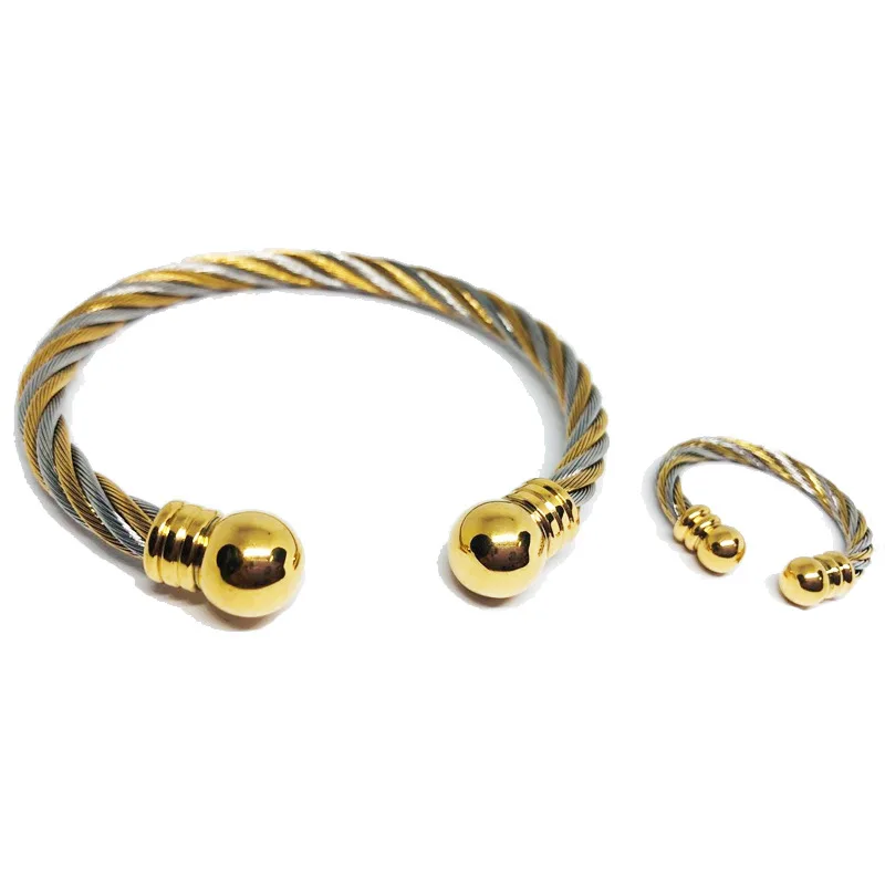 Stainless steel jewelry 2 tone twisted cable wire wrapped retro cuff bangle bracelet