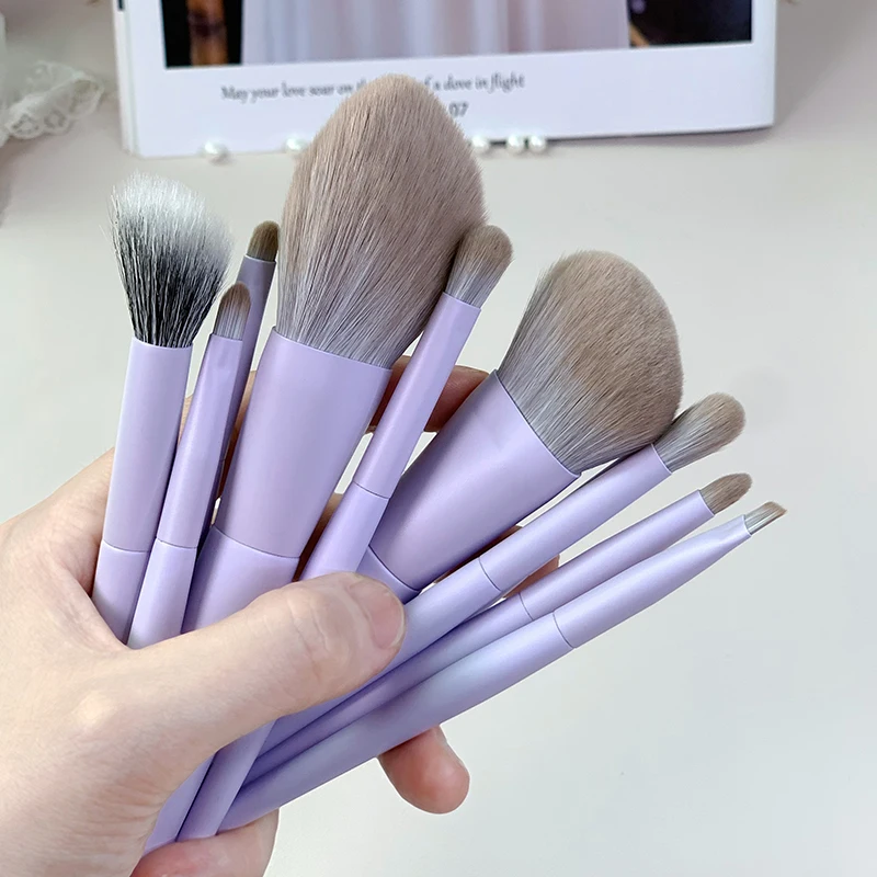 Vegan Synthetic Hair Purple 10 Pcs Soft-Bristled Powder Contour Blush Stippling Brush Eye Shadow Eyebrow Mini Makeup Brushes