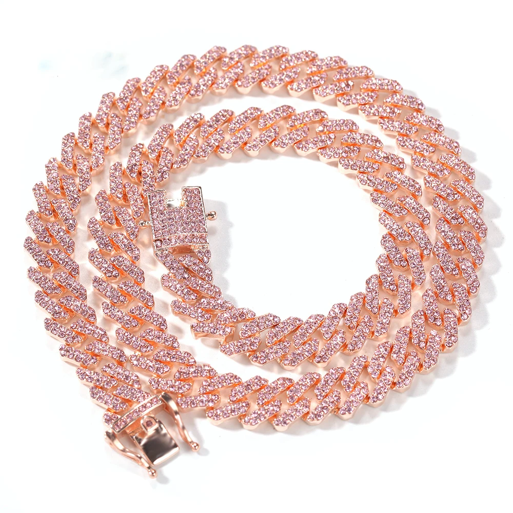 12.5mm Pink Cuban Chain Iced Out Rhinestone Zinc Alloy Rose Gold Plating Miami Cuban Link Chain Necklace