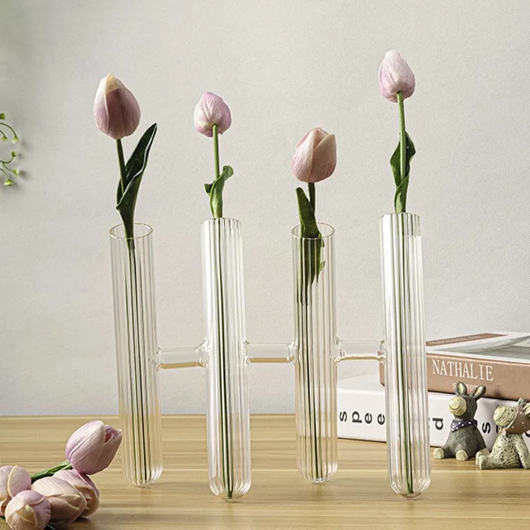 Hot Sale Special Design Four Tubes Ribbed Glass Small Single Flower Vase for Living Room Tabletop Vase Centerpieces