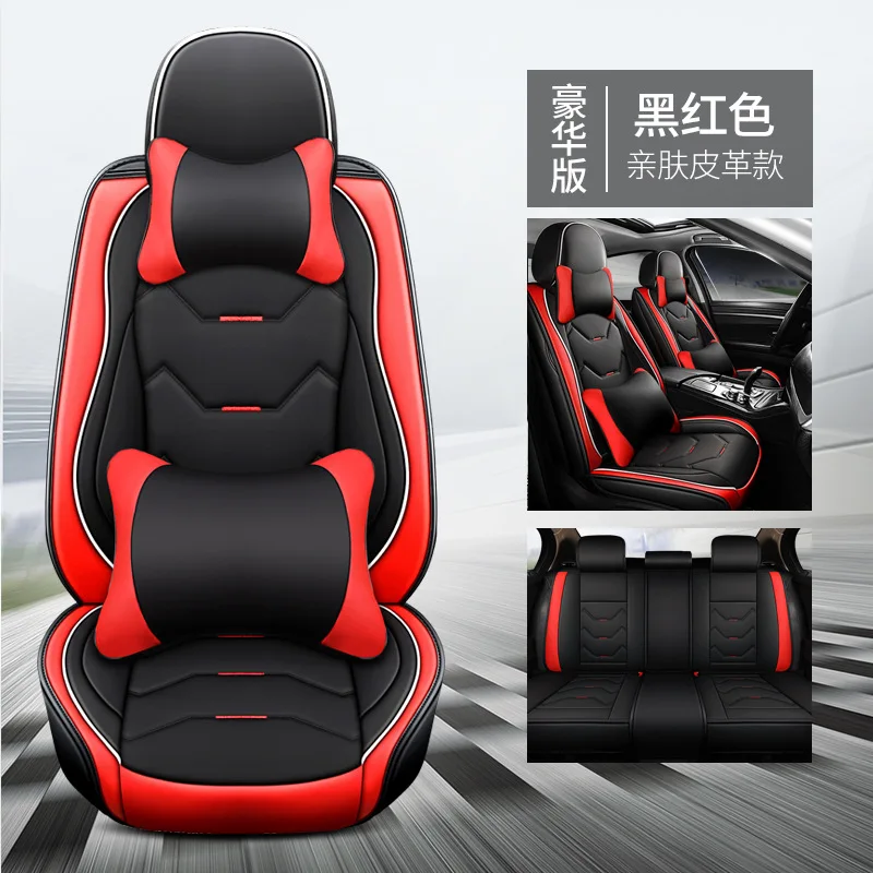 Black and Red Leather Car Seat Covers Full Set with 2 front Seat and 1 Rear Bench Waterproof for 5 Seats