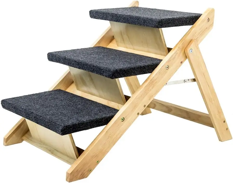 Wooden Dog Stairs Steps Foldable 3 Levels Dog Stairs & Ramp Perfect for Beds and Cars