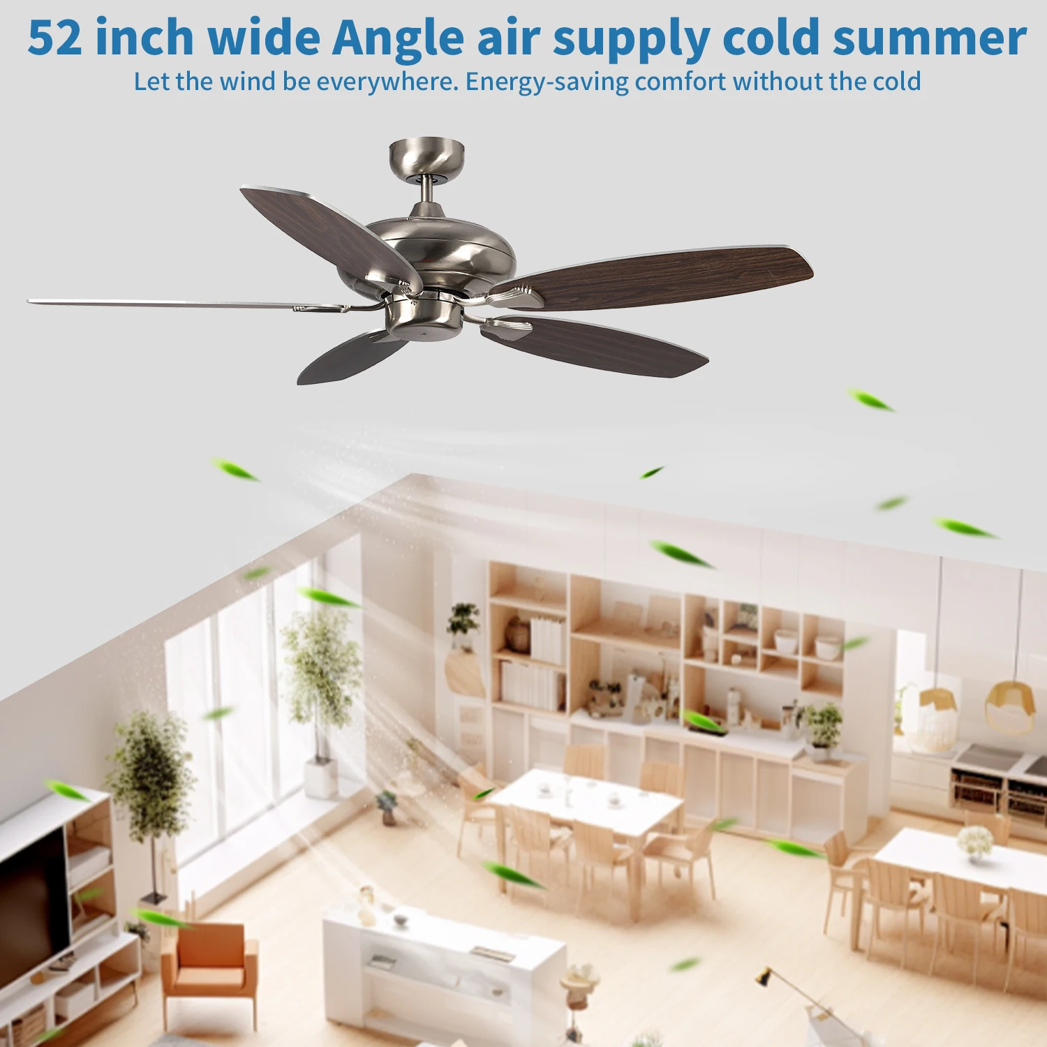 52 Inch Modern Silent Brush Nickel Housing Wooden AC Hotels Residential Decorative Ceiling Fan