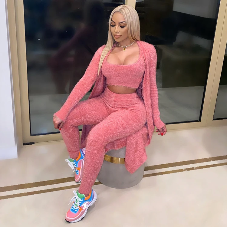 Womans Winter Clothing 2021 Fashion Casual Clothes Fuzzy Three Pieces Pants Set Womens 3 Piece Lounge Wear Women Sets Outfits