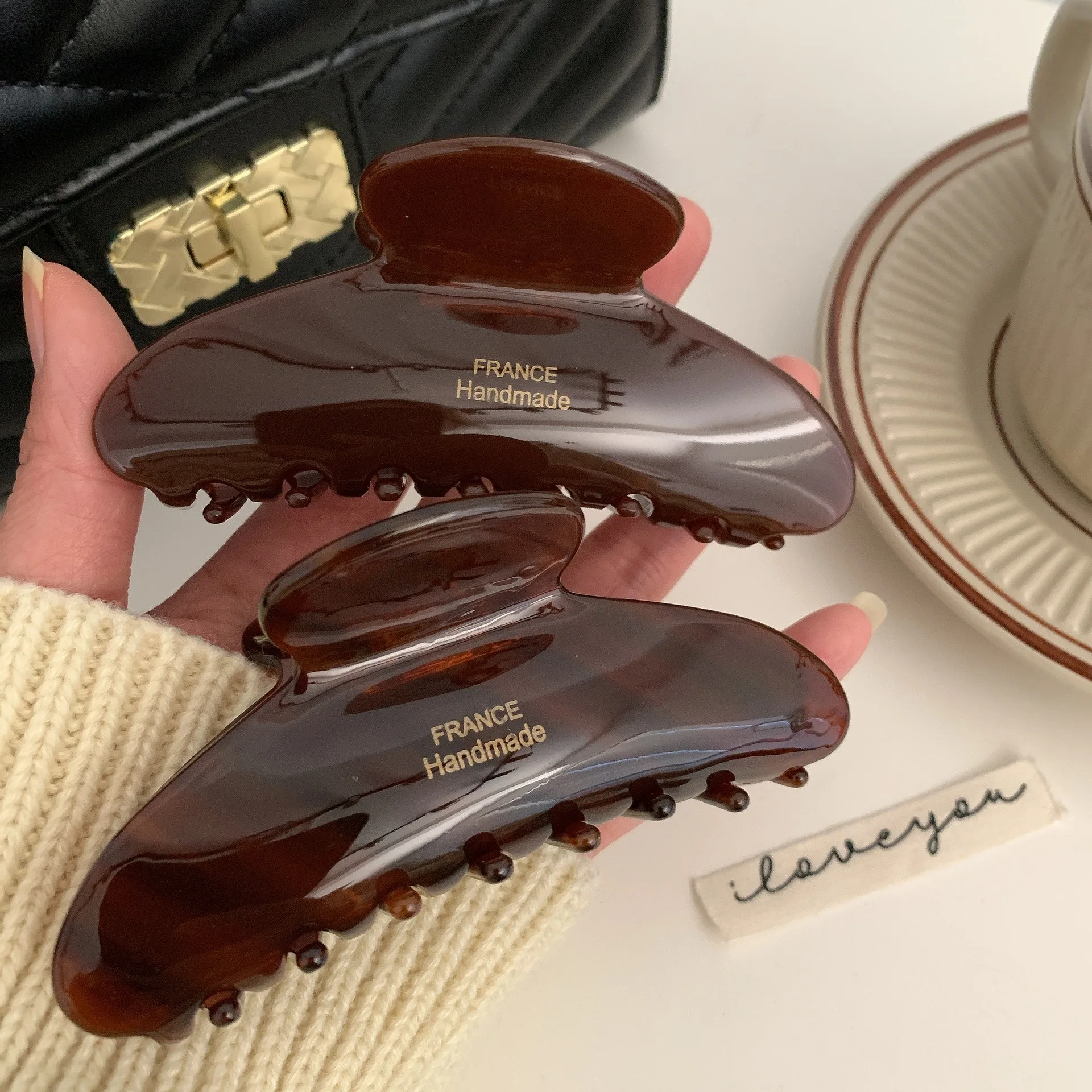 New France Handmade Geometry Large 10.5CM Brown Design Cellulose Acetate Big Hair Claw Clips For Women Girls Hair Accessories