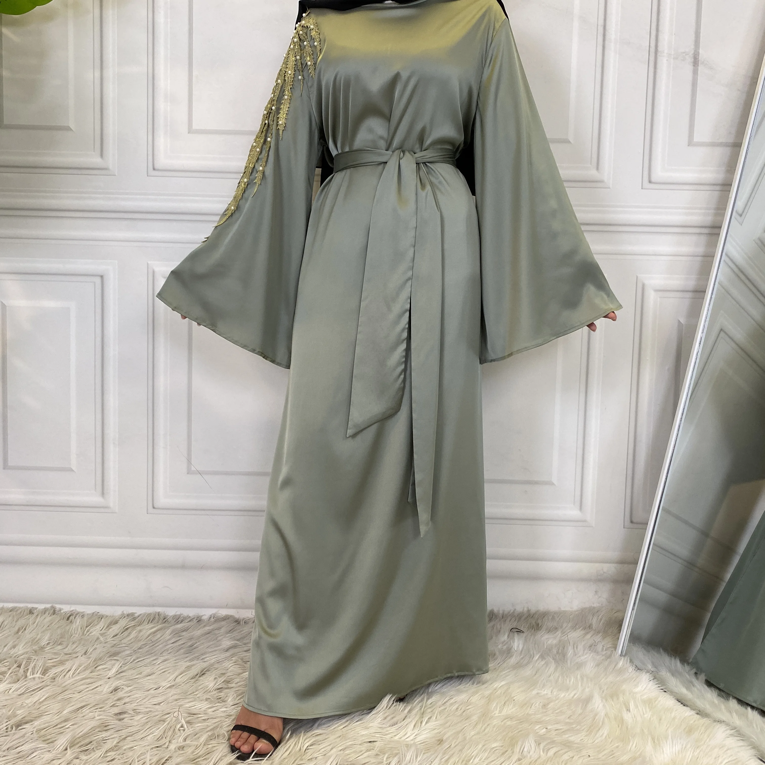 Muslim Satin Dress Soft Elegant Modest Women Dresses Eid Maxi Abaya Dresses Kaftan Islam Costume Femme