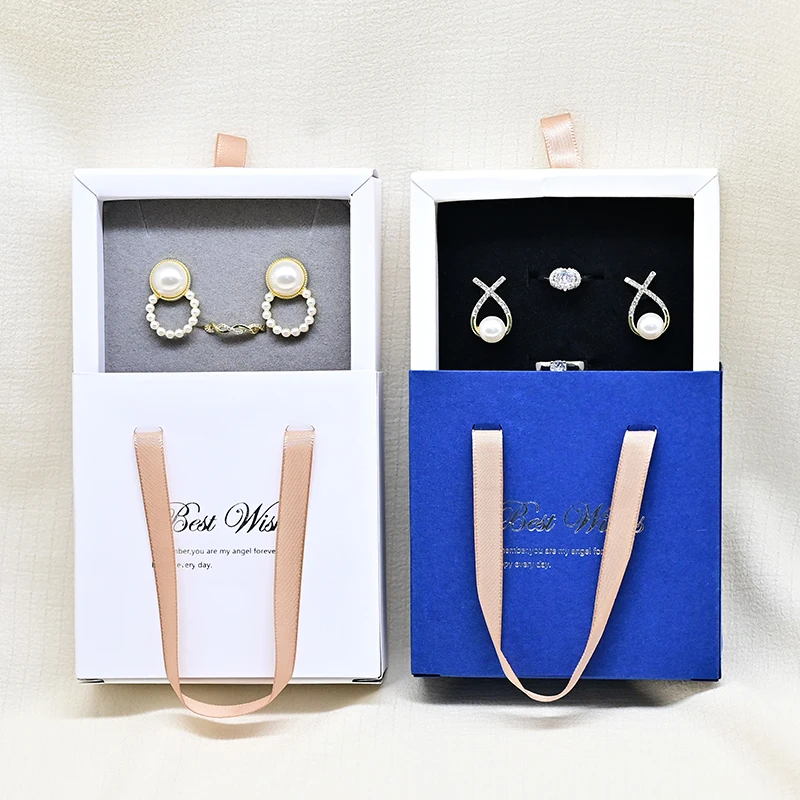Luxury Printed White Green Blue Drawer Sliding Satin Paper Jewelry packaging gift Box With Handle