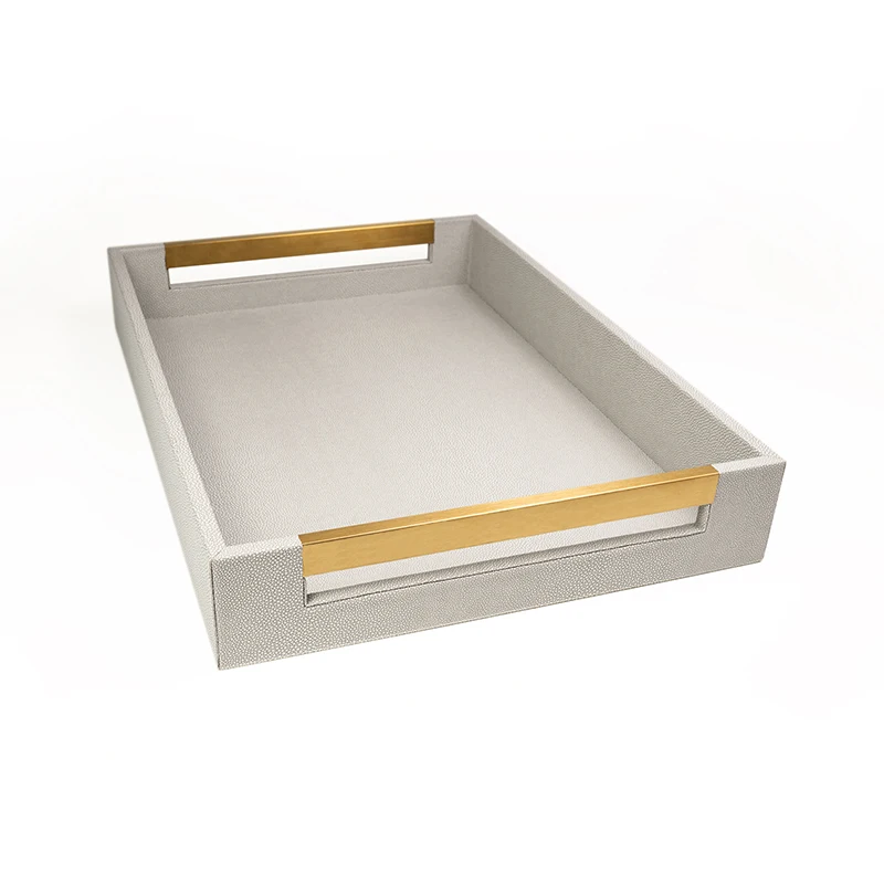 Rolling Tray Metal Handle Accessories Faux Leather Wholesales Hot Sale Custom Shagreen PU Cookies Food Serving Tray Gold Support With SABER Certificate