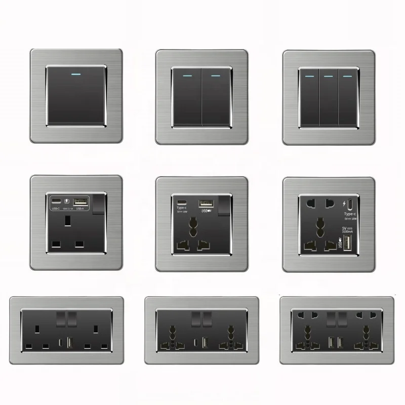 Stainless Steel Wall Switches Sockets UK Hong kong Maldives Malta Ghana Electric Switches and Sockets Type C USB Cooker Unit