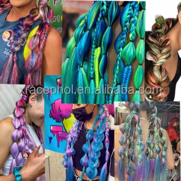 Multi Color Ombre Braiding Hair Extension Glitter Hair Tinsel Ponytail With Elastic Rubber Band Synthetic