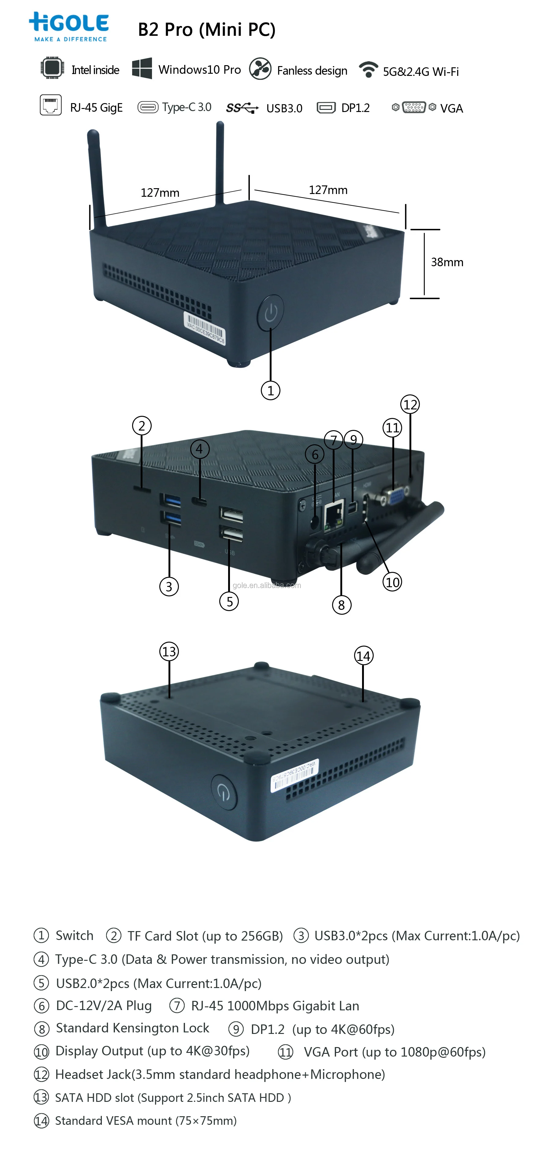 Gaming Media Player 4K Dual WIFI 4GB+64GB EMMC M.2 N4020 Portable Mini PC Computer