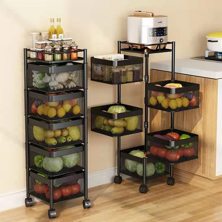 Kitchen Storage Rotatable Shelf 2 3 4 5 Layer Rotating Practical Trolley Kitchen Square Shelf With Wheel Storage Rack