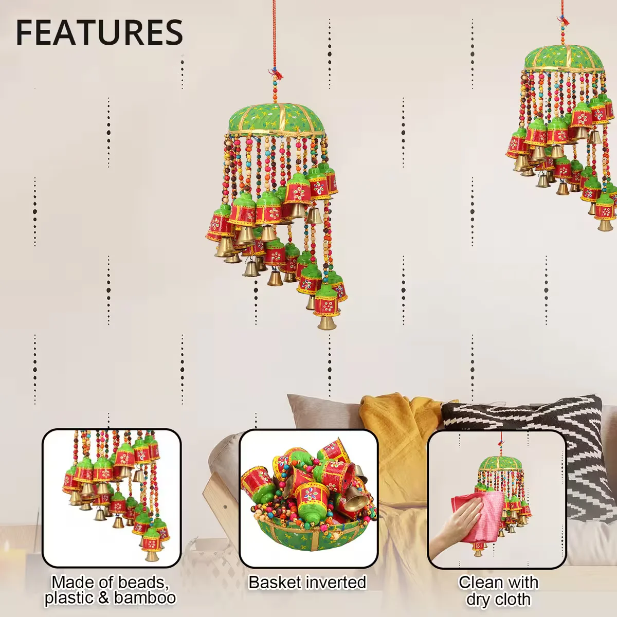 Handcrafted Wooden Bird Camel Elephant Figurines with Bell Wind Chimes Geometric Deco Style Dried Wall Hanging for Home Decor