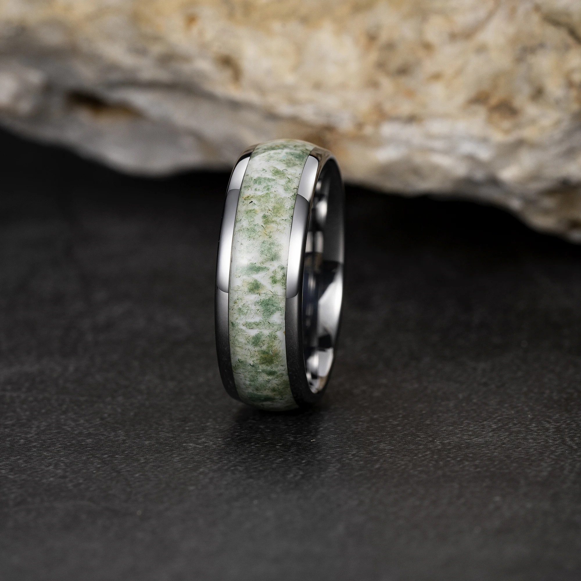 Fashion jewelry 8mm 6mm 4mm silver Tungsten Ring Natural Moss Agate Inlay men rings tungsten wedding brand ring