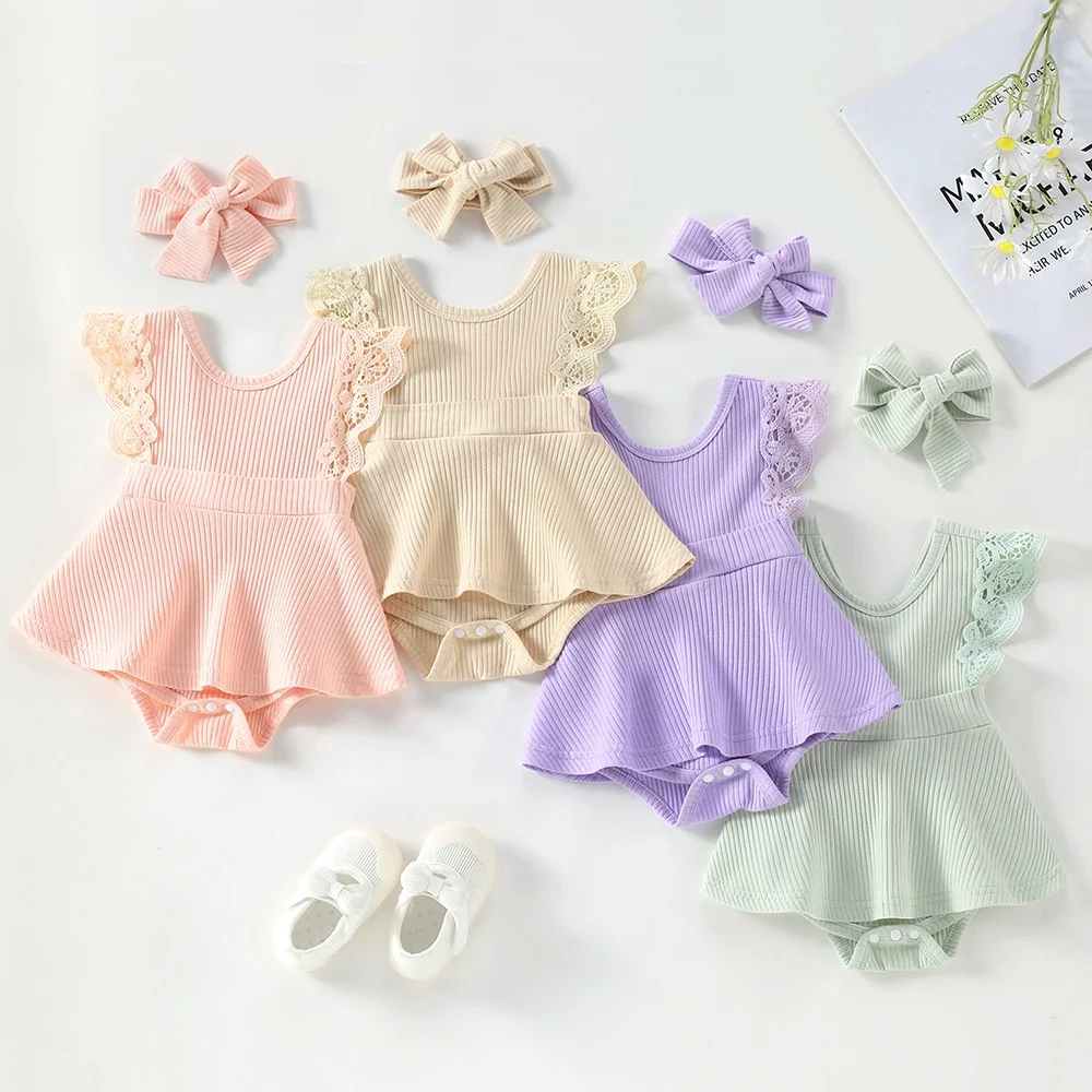 2022 Solid Color Rib Knit Bodysuits Hairband Lace Romper Newborn Infant Toddler Casual Girls Jumpsuits New Baby Summer Clothes
