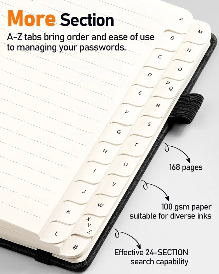 New Arrival Planner Custom Colorful Alphabetical Tabs Leather Hardcover Password Keeper Book Journal Spiral Password Notebook