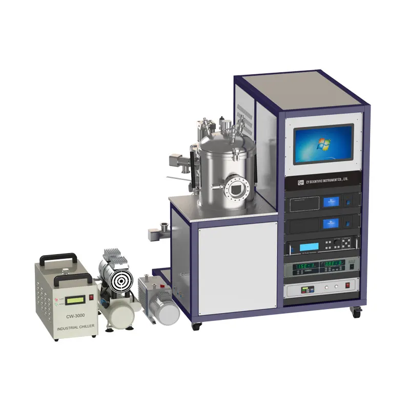 RF+DC Three-target magnetron sputtering coater with vibrating sample stage for processing powder and particle samples