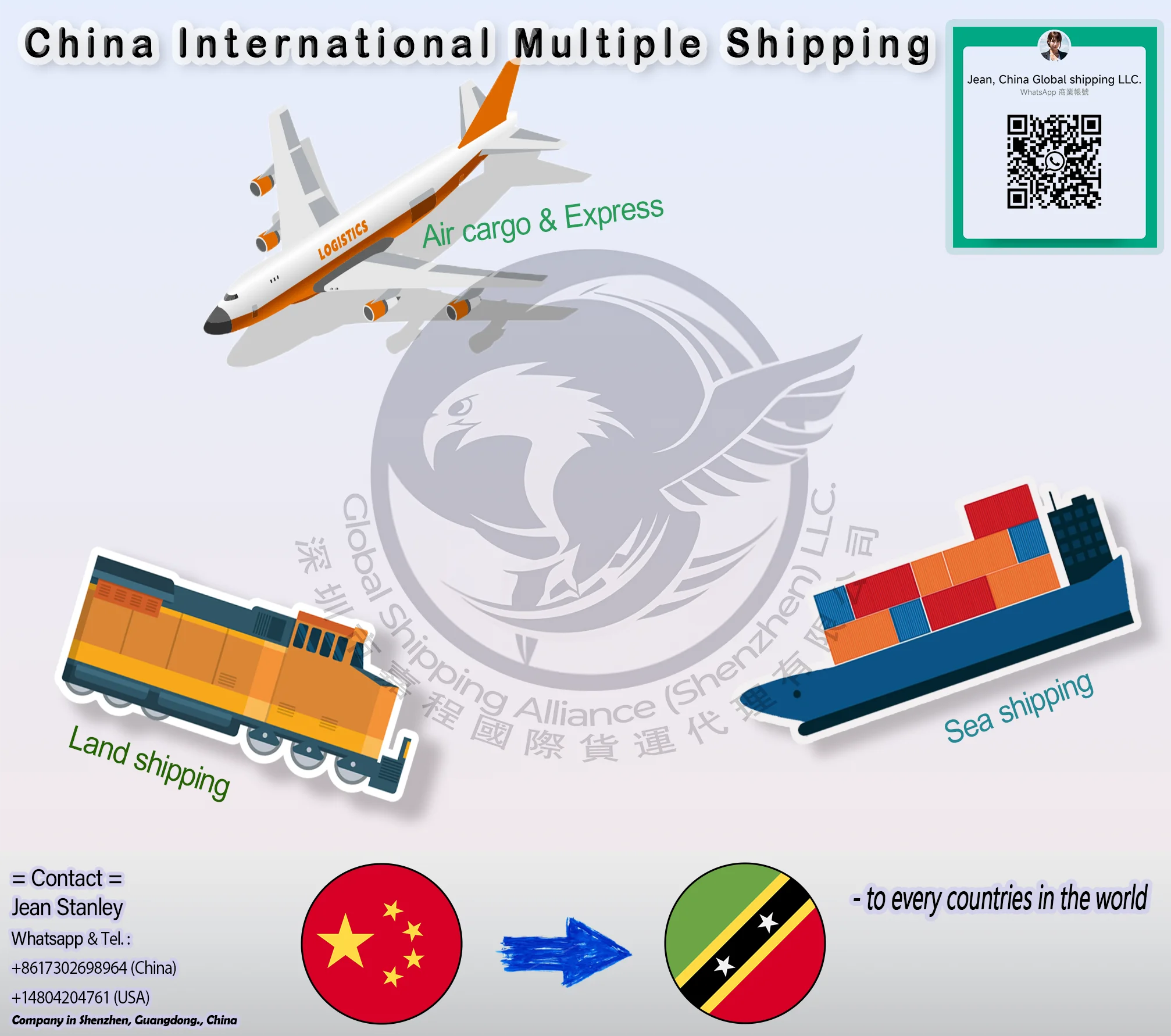 From CHINA to Saint Kitts and Nevis Air/ Sea freight shipping: St. Paul Capisterre St. Anne Sandy Point Trinity Palmetto Point