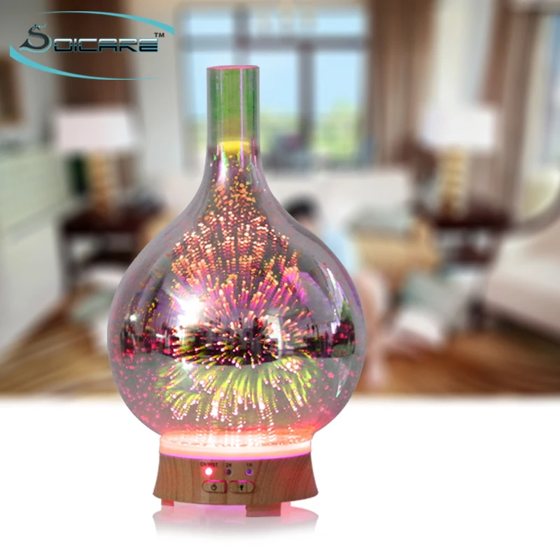 
SOICARE Factory 100ml glass 3D fire working Ultrasonic Aromatherapy Essential Oil Diffuser 