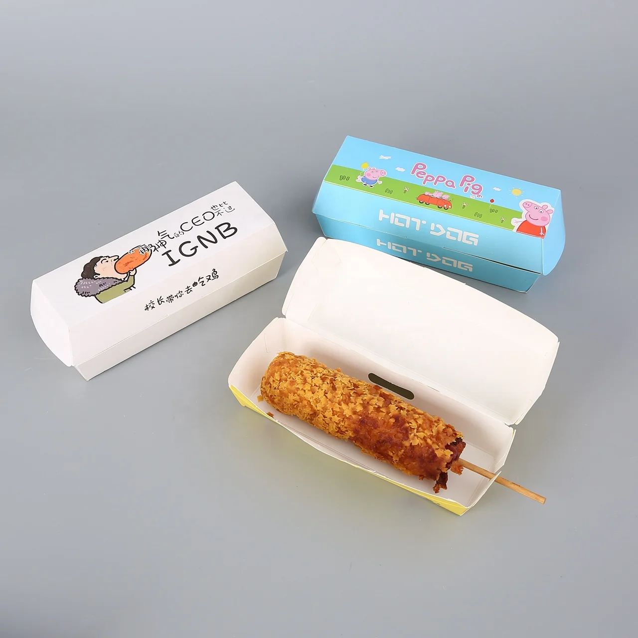 Wholesale Biodegradable Kraft Paper Cardboard Hot Dog Corn Dog Snack Box With Lid