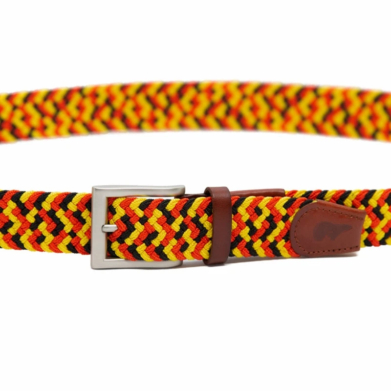 New Soft Brown Matt Leather Piping With Debossed Brand Logo Elastic Stretches Up Braided Woven Belt with Nickle Color Buckle