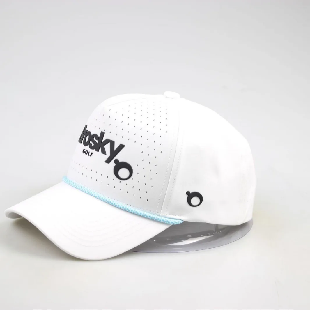 Fashion Custom Sports 5 Panel Rubber loop  Logo Baseball Cap, Waterproof Laser Cut Drilled Hole Perforated Curved Brim golf Hat