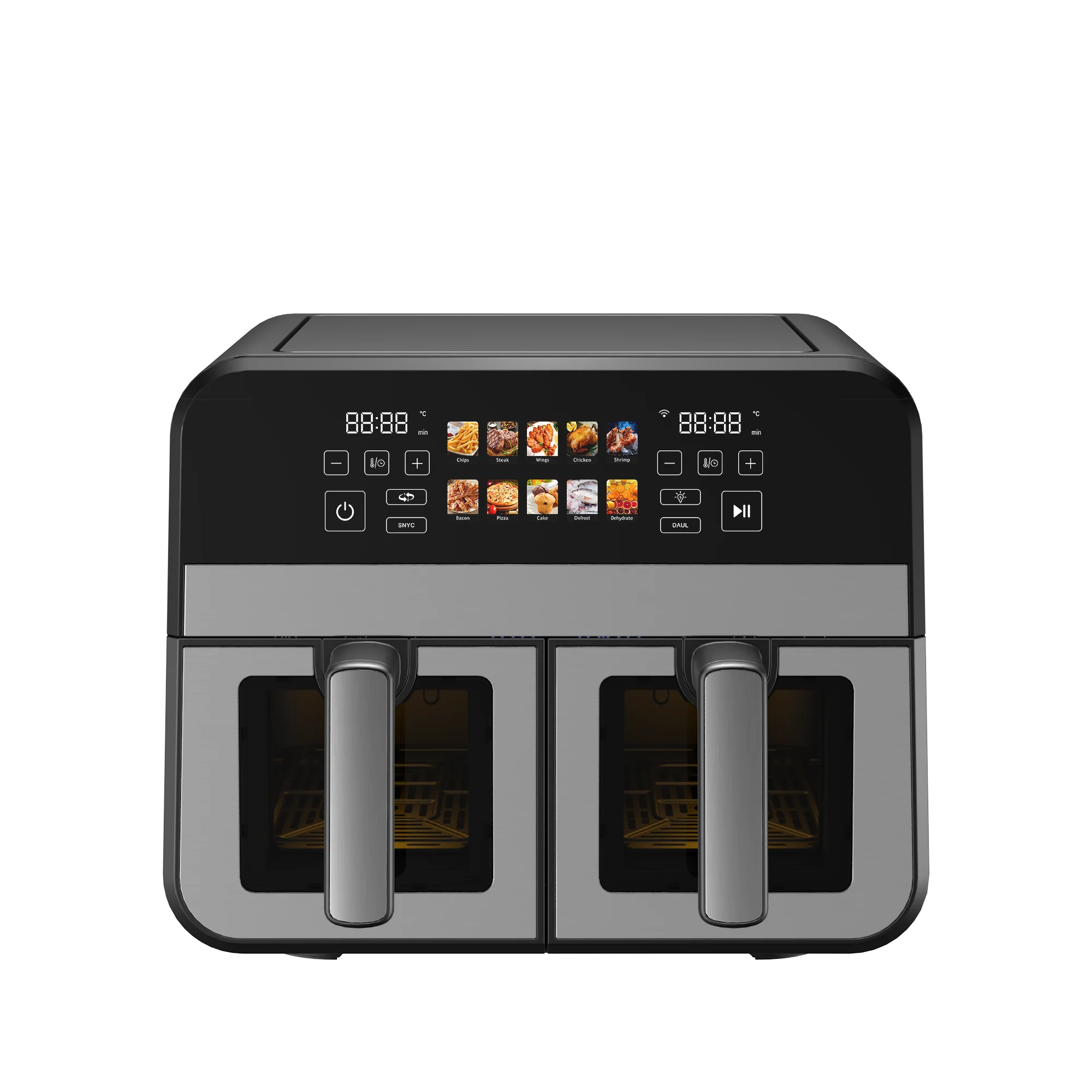 Newest LED Multicolored Screen 8L 9L 10L 11L XXL Visible Deep Dual Basket Air Fryer Oven with Low Frame Frequency and no Flicker