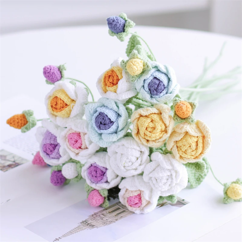 New Handmade Crochet Flower Bouquet Blooming Three Leaf Rose Multicolor Handmade Crochet Flowers