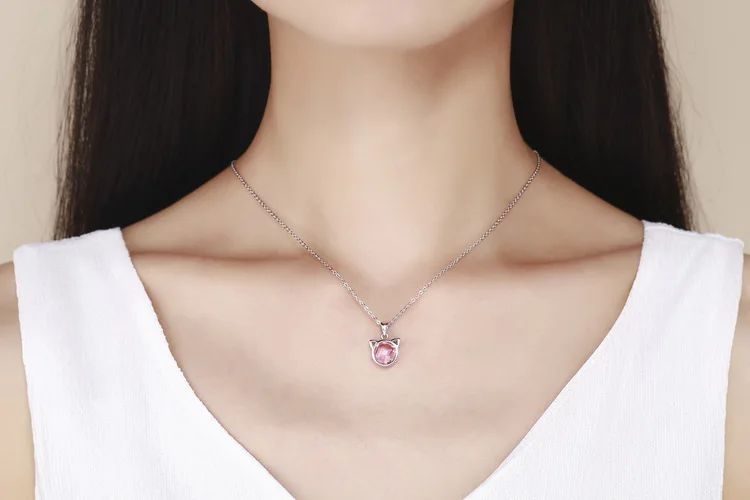 
Most popular products cat pink stone design 925 Sterling silver Pink CZ diamond stone necklace 