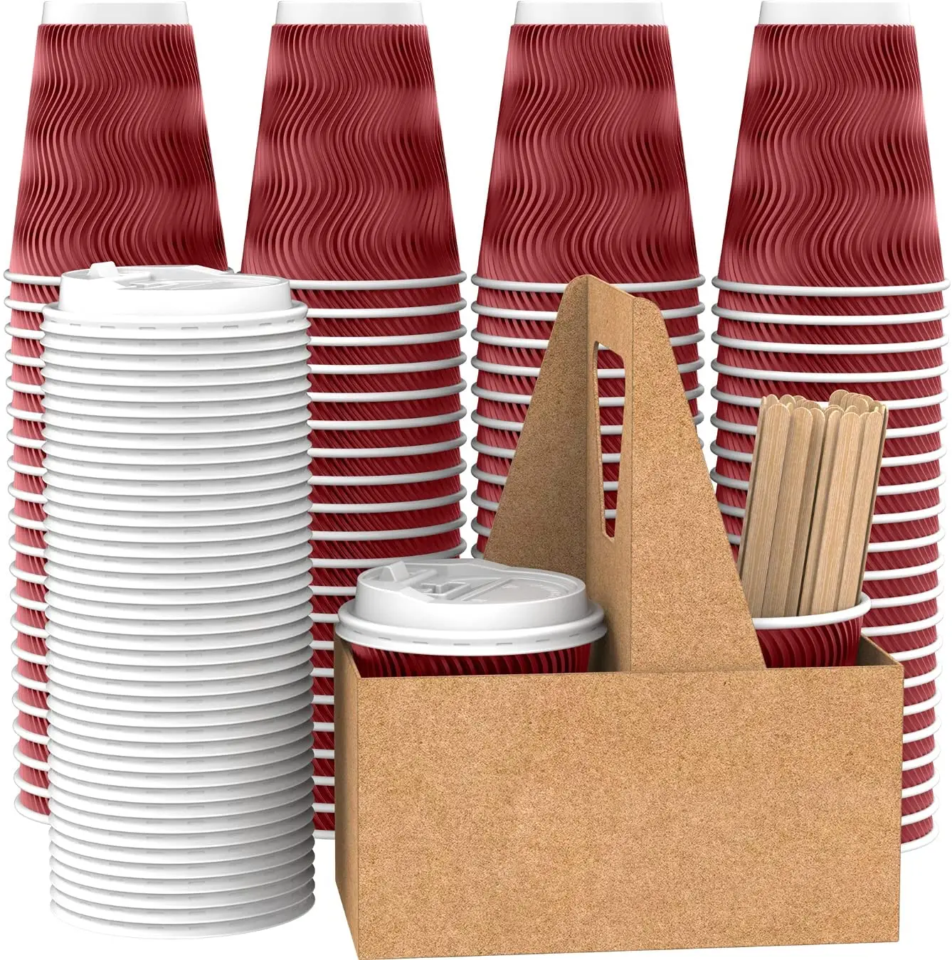 Ripple Wall Paper Coffee Cups with Lids and Straws 12 oz (100 Set) Amazon Hot Paper Cup with Lid To Go for Beverages Espresso