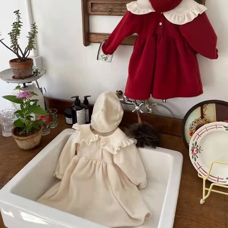 Newborn Infant Baby Girls Kids Winter spring Dress long Sleeve with fleece Ins plaid shirt baby girls party wear dress princess