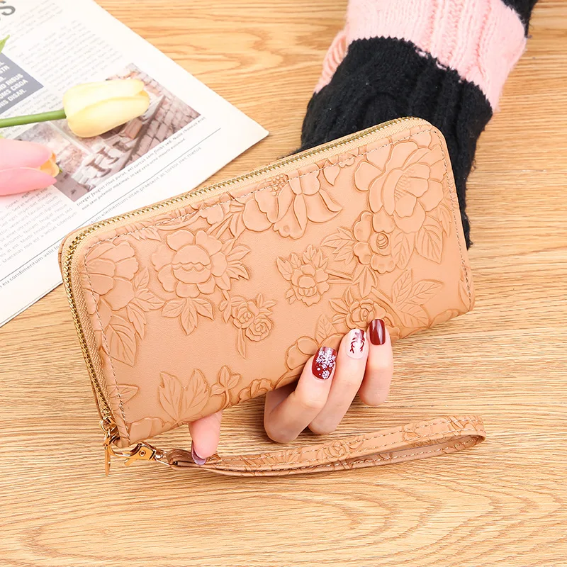 New Ladies Simple Wallet with Long Zipper Clutch Bag Cross-Border Embossed Mobile Phone and Banknote Clip Waterproof