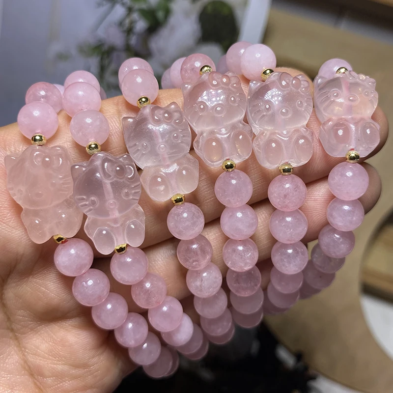 Bulk Wholesale Multi Natural Gemstone Crystal Kitty Bracelet Spiritual Healing Rose Quartz Hello Kitty Crystal Bracelets