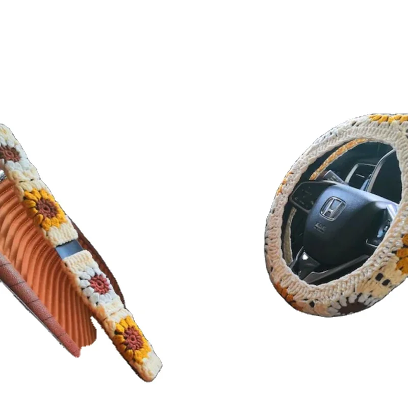 Handmade Crocheted Floret Decorative Car Steering Wheel Cover Non-Slip Safety Belt Cover Cross-Border Unisex Interior