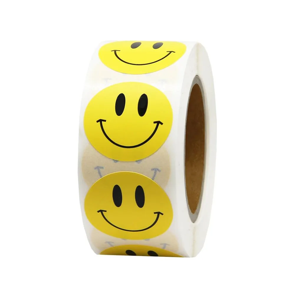 Happy Face Paper Stickers 1 Inch Yellow 500 Pieces per Roll Permanent Adhesive for Teachers Parties Rewards Kids
