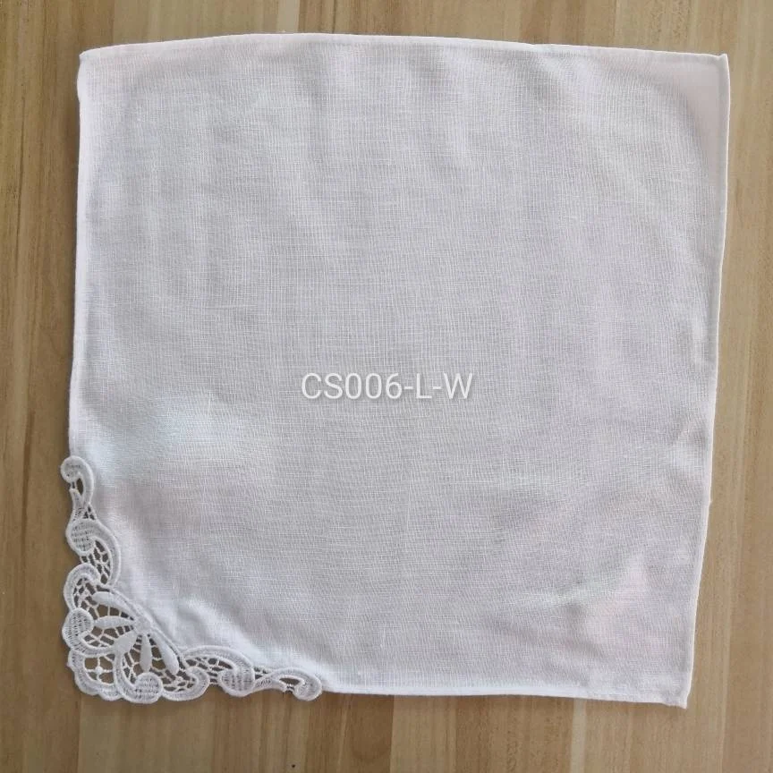 CS006-L  White Linen 12x12inch Lace handkerchiefs