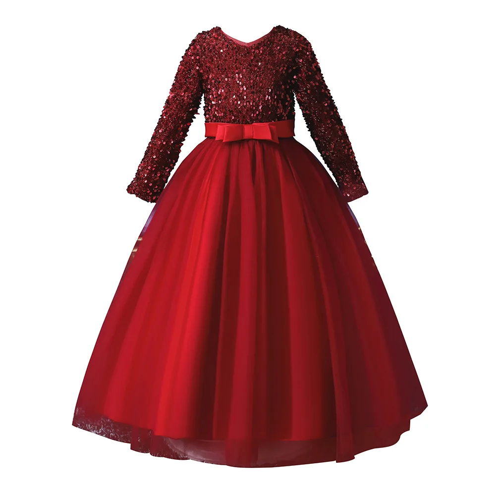 Dress Bow-tie Princess Skirt Long Lace Performance Dress Girls Dress Performance  Wear