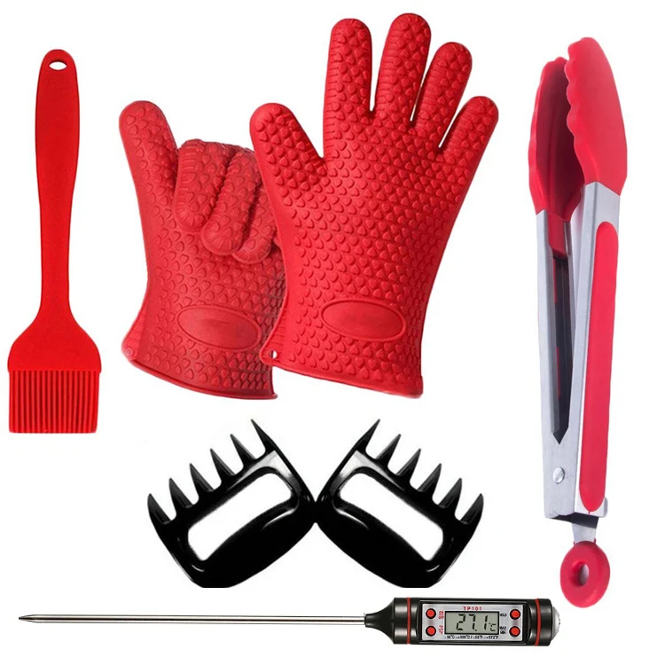 7pcs Outer Door Meat Claws Silicone BBQ Gloves Brush Thermometer And Tongs Barbecue Grill Tool Pack Durable BBQ Tool Set