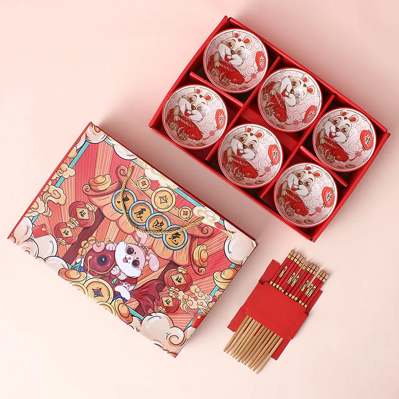 2023 Rabbit Year Ceramic Bowl Gift Set 4.5inch Rabbit Bowls with Chopsticks for Chinese New Year OEM LOGO