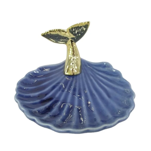 Sea shell shape ceramic decorative jewelry dish jewelry tray with gold fish tail wholesale