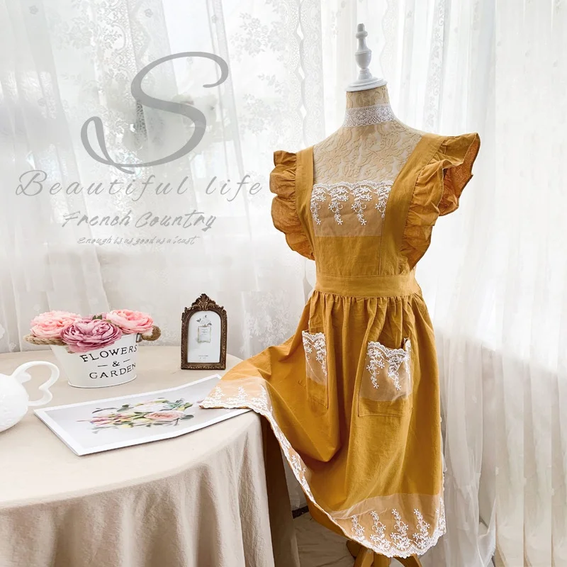 DUOLAI Ruffles Lace Shoulder Belt Apron For Female Summer Breathable Mesh Red Girl Cotton Linen Garden Baking Fly New Apron