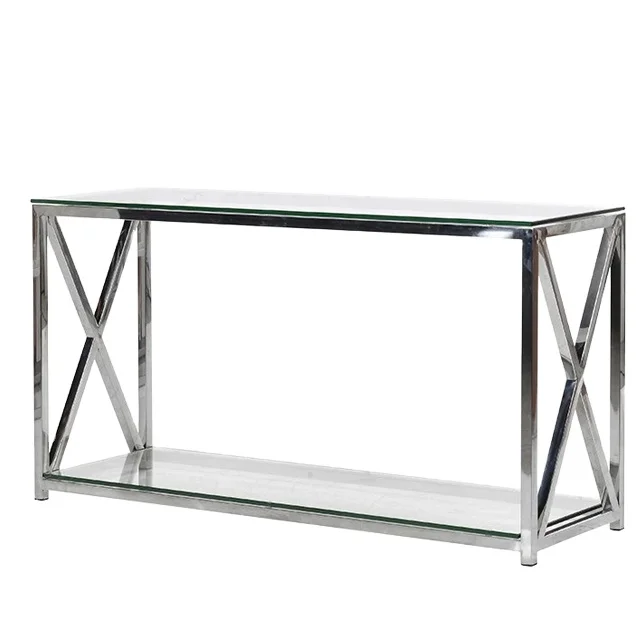 Console with stainless steel base and tempered glass table top