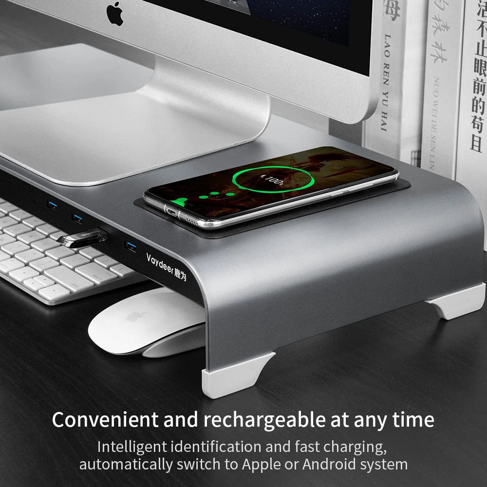 Vaydeer USB 3.0 Transfer Data and Charging Keyboard and Mouse Storage Desk Organizer Aluminum Monitor Stand