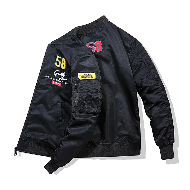 Stock Young Men Varsity Bomber Jacket Flight Aviator Pilot Jacket Quilted Embroidery Patches Outwear Coat for Spring Fall