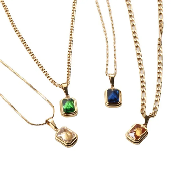 2021 Luxury stainless steel necklace 18k gold plated figaro chain green blue stone natural gemstone jewelry pendant
