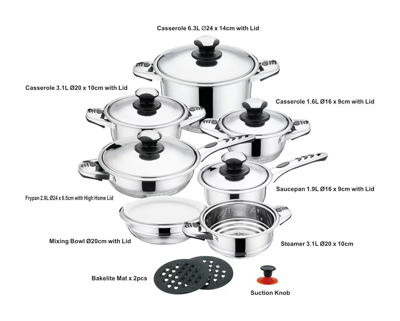 MU New Design Culinary Comforts Kitchen Cooking Pot Sets Stainless Steel Cookware Sets