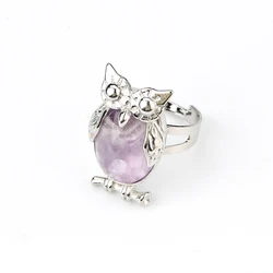 New Lovely Large Copper Bezel Oval Amethyst Adjustable Ring Animal Ring Owl Oval Crystal Ring